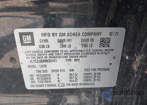 2021 Chevrolet Trax Fwd Lt from USA, damaged, VIN KL7CJLSB4MB359451